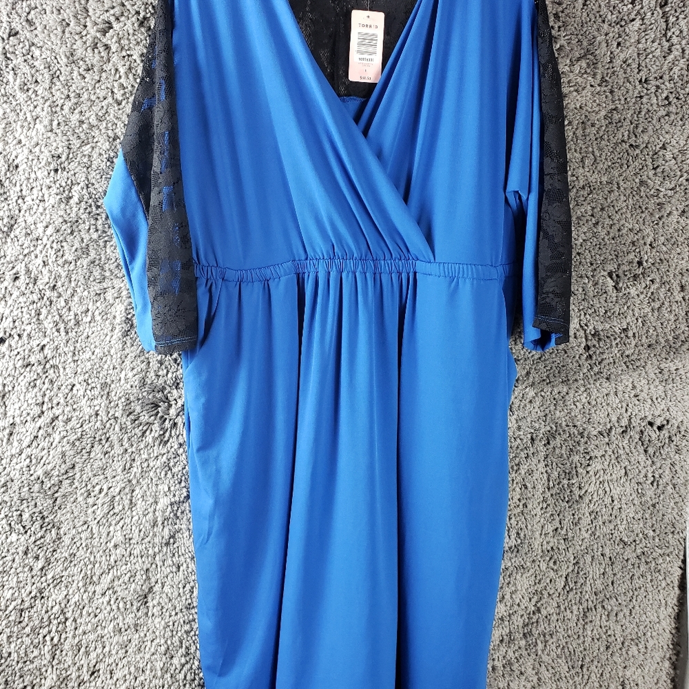 Blue Wrap-Front Dress with Lace Sleeves